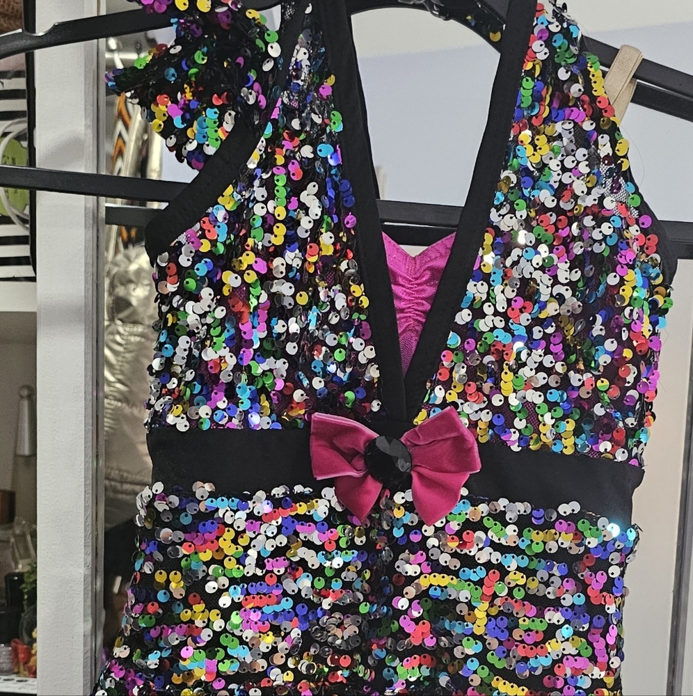 Girls Size 8 Sequin Dance Costume Dress – Multicolor Sparkle, Pink Bow Accent